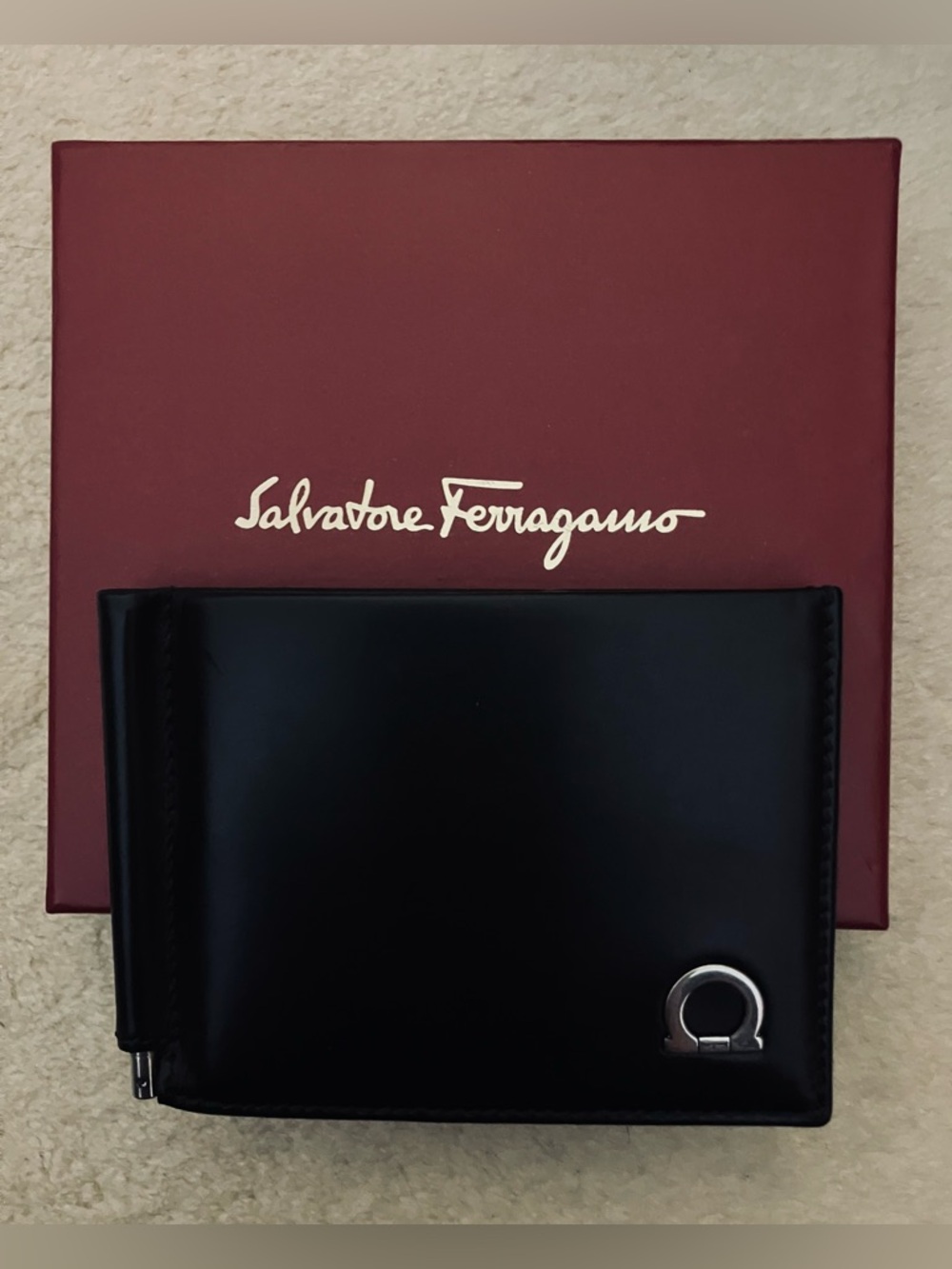 Ferragamo Men’s Black Leather Bi-Fold Wallet with Money Clip NWOT
